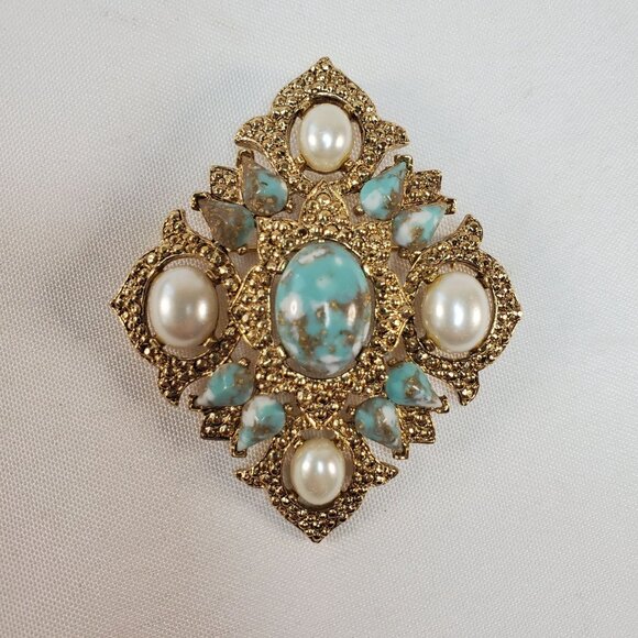 Vintage Sarah Coventry Brooch Pendant Gold With Faux Pearl & Turquoise Stones - Picture 8 of 12